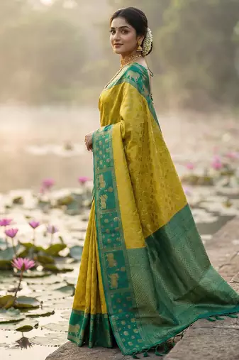 women yellow soft silk blend saree with green nandi zari border