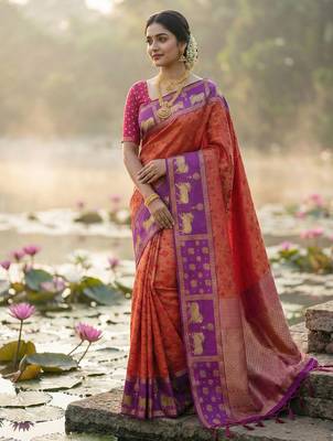 women rust orange soft silk blend saree with purple nandi zari border 1