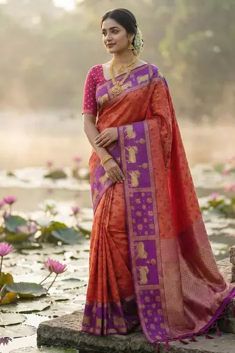 Sutriti women rust orange soft silk saree with purple nandi zari border