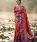 Sutriti women rust orange soft silk saree with purple nandi zari border