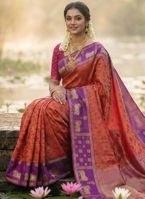 women rust orange soft silk blend saree with purple nandi zari border 2