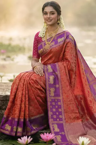 women rust orange soft silk blend saree with purple nandi zari border