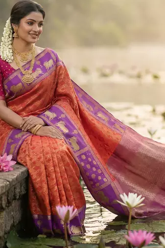 women rust orange soft silk blend saree with purple nandi zari border