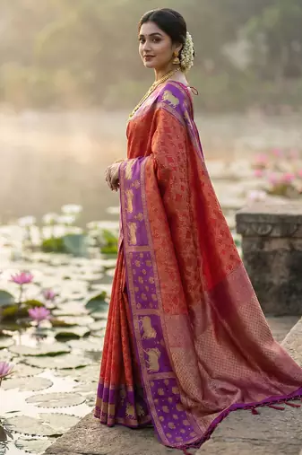 women rust orange soft silk blend saree with purple nandi zari border