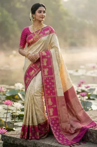 Sutriti women cream soft silk saree with pink nandi zari border