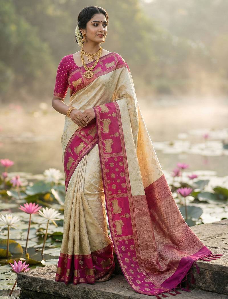 Sutriti women cream soft silk saree with pink nandi zari border