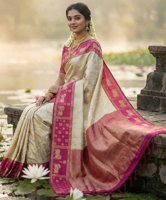women cream soft silk blend saree with pink nandi zari border 2