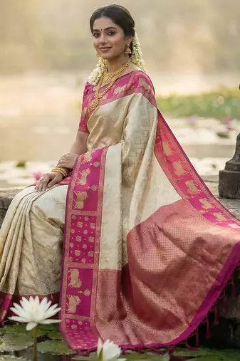 women cream soft silk blend saree with pink nandi zari border