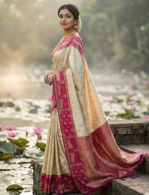women cream soft silk blend saree with pink nandi zari border 3