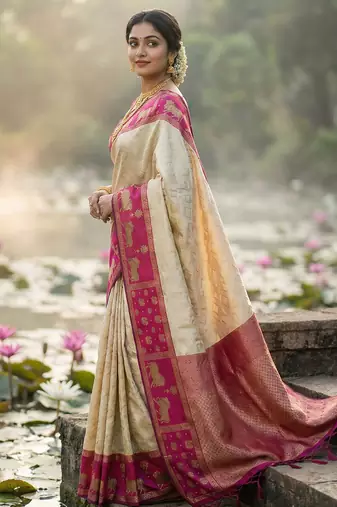 women cream soft silk blend saree with pink nandi zari border