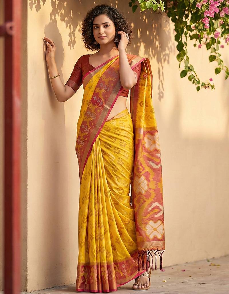 Sutriti yellow & maroon pochampalli soft silk saree with traditional ikat pallu sari