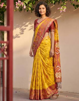 yellow & maroon pochampalli soft silk blend saree with traditional ikat pallu saree 2