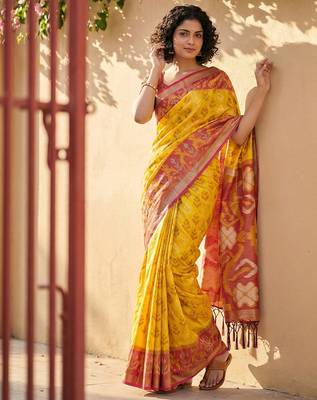 yellow & maroon pochampalli soft silk blend saree with traditional ikat pallu saree 3