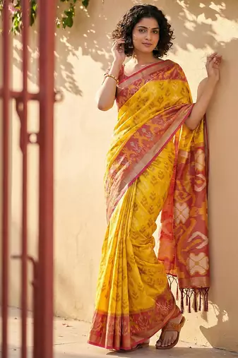 yellow & maroon pochampalli soft silk blend saree with traditional ikat pallu saree