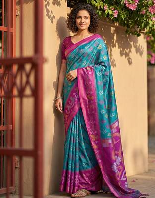 sky blue & magenta pochampalli soft silk blend saree with traditional ikat pallu saree 1