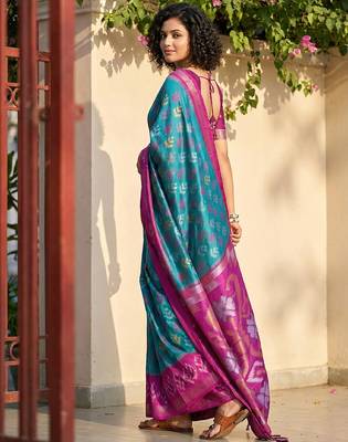 sky blue & magenta pochampalli soft silk blend saree with traditional ikat pallu saree 2