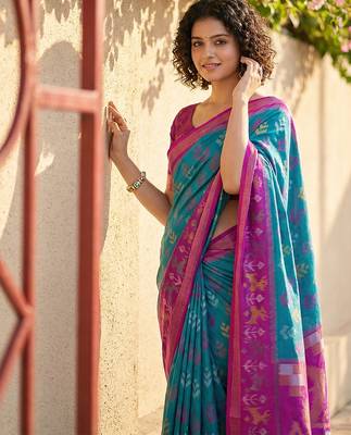 sky blue & magenta pochampalli soft silk blend saree with traditional ikat pallu saree 3