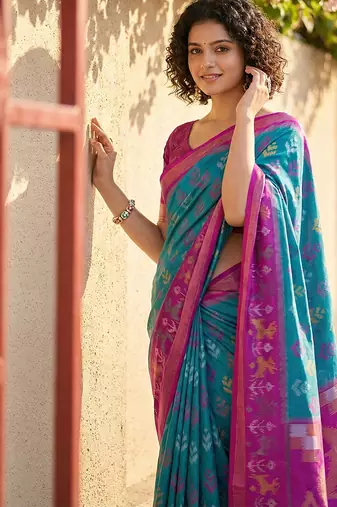 sky blue & magenta pochampalli soft silk blend saree with traditional ikat pallu saree