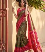 Sutriti olive green & red pochampalli soft silk saree with traditional ikat pallu sari