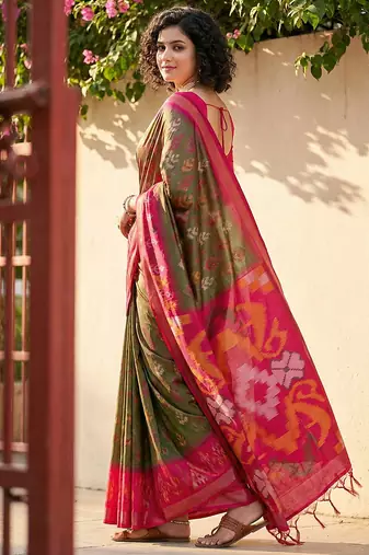 olive green & red pochampalli soft silk blend saree with traditional ikat pallu saree