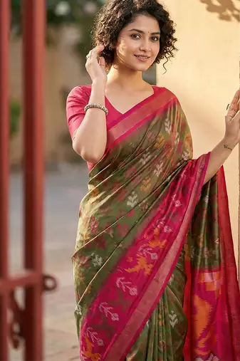 olive green & red pochampalli soft silk blend saree with traditional ikat pallu saree