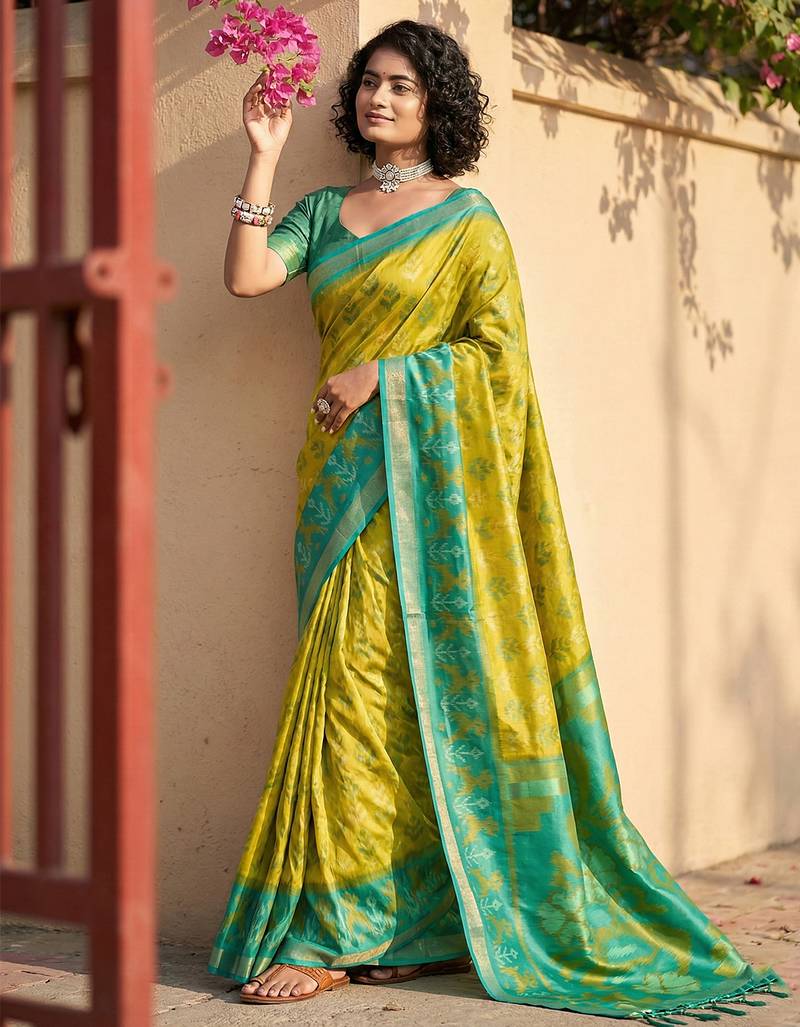 Sutriti mustard yellow & green pochampalli soft silk saree with traditional ikat pallu sari