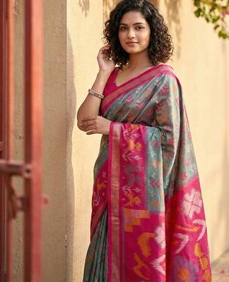 grey & red pochampalli soft silk blend saree with traditional ikat pallu saree 3