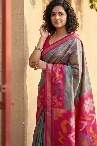 grey & red pochampalli soft silk blend saree with traditional ikat pallu saree