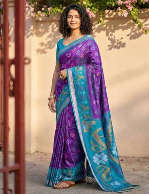 violet & sky blue pochampalli soft silk blend saree with traditional ikat pallu saree 1