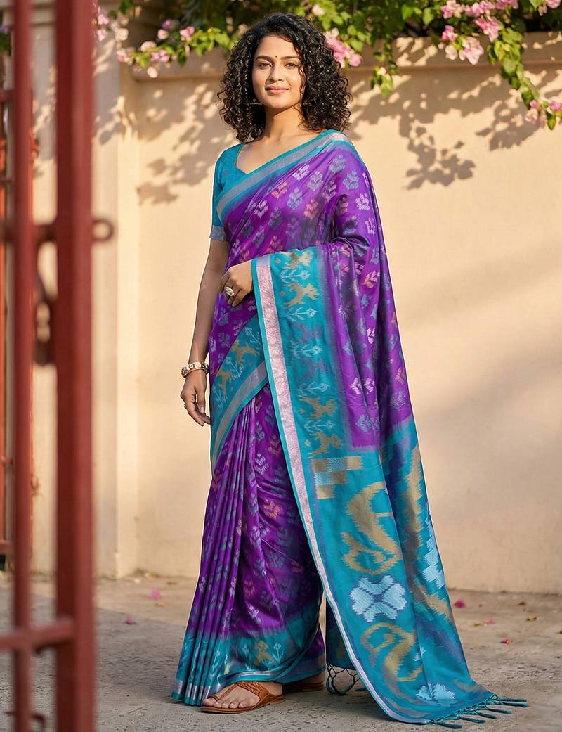 Sutriti violet & sky blue pochampalli soft silk saree with traditional ikat pallu sari