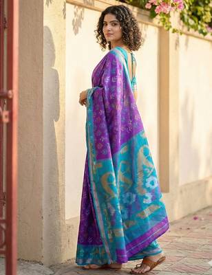 violet & sky blue pochampalli soft silk blend saree with traditional ikat pallu saree 2