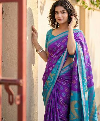 violet & sky blue pochampalli soft silk blend saree with traditional ikat pallu saree 3