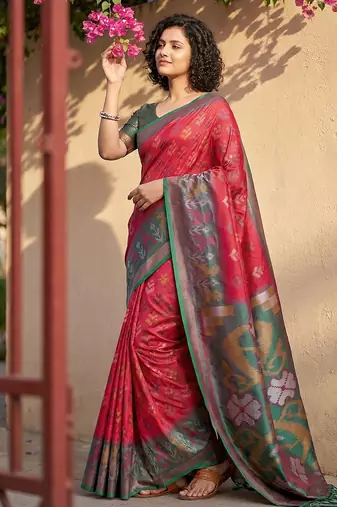 Sutriti red & mhendi green pochampalli soft silk saree with traditional ikat pallu sari