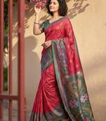 Sutriti red & mhendi green pochampalli soft silk saree with traditional ikat pallu sari
