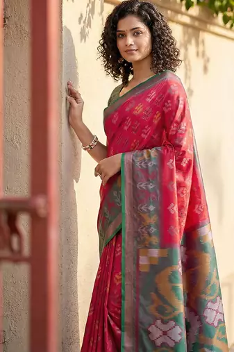 red & mhendi green pochampalli soft silk blend saree with traditional ikat pallu saree