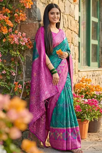 teal blue pochampalli silk blend saree for women 