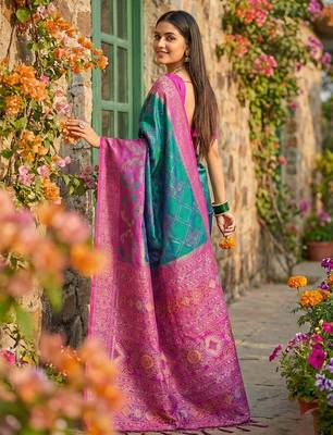 teal blue pochampalli silk blend saree for women  3