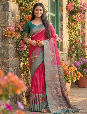 pink pochampalli silk blend saree for women  1