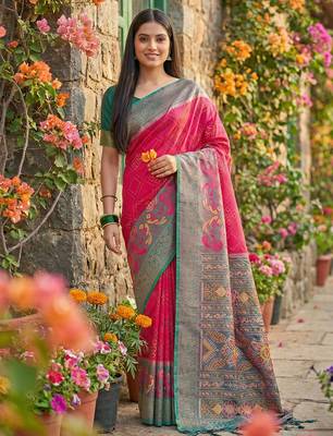 pink pochampalli silk blend saree for women  2