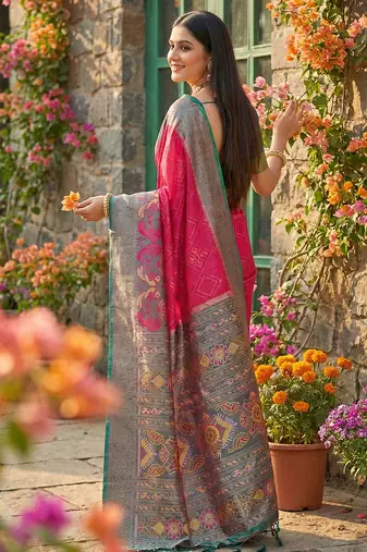 pink pochampalli silk blend saree for women 