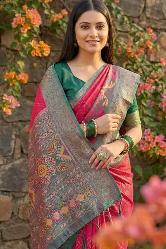 pink pochampalli silk blend saree for women 