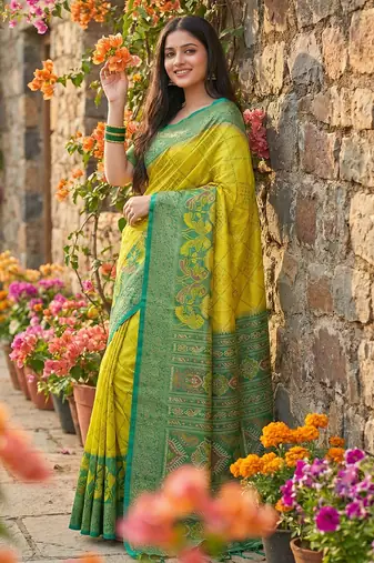 yellow pochampalli silk blend saree for women 