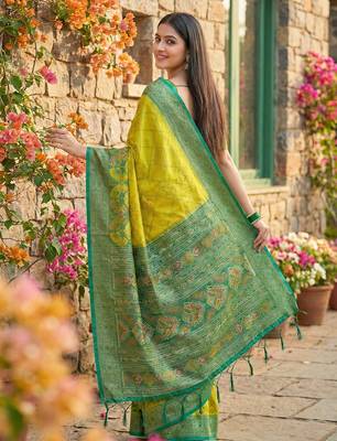 yellow pochampalli silk blend saree for women  3