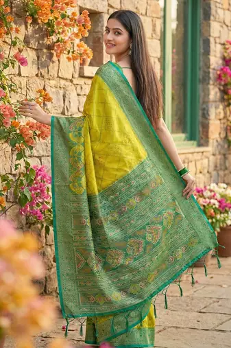 yellow pochampalli silk blend saree for women 