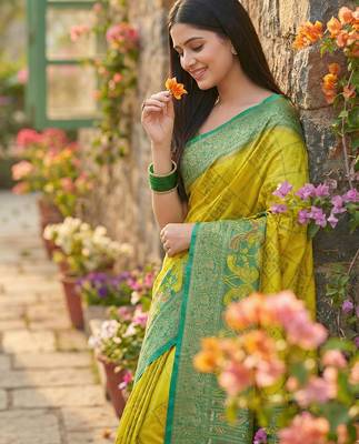 yellow pochampalli silk blend saree for women  4