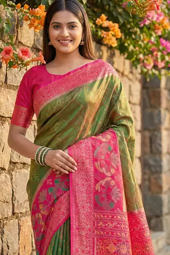 green pochampalli silk blend saree for women 