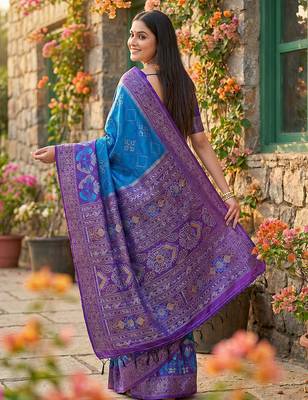 blue pochampalli silk blend saree for women  2