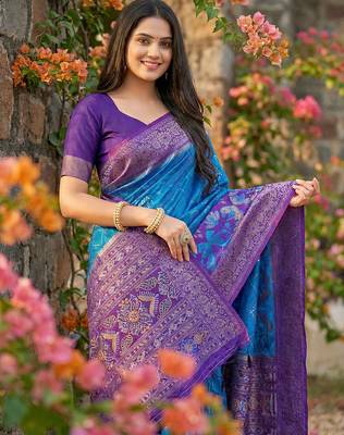 blue pochampalli silk blend saree for women  3
