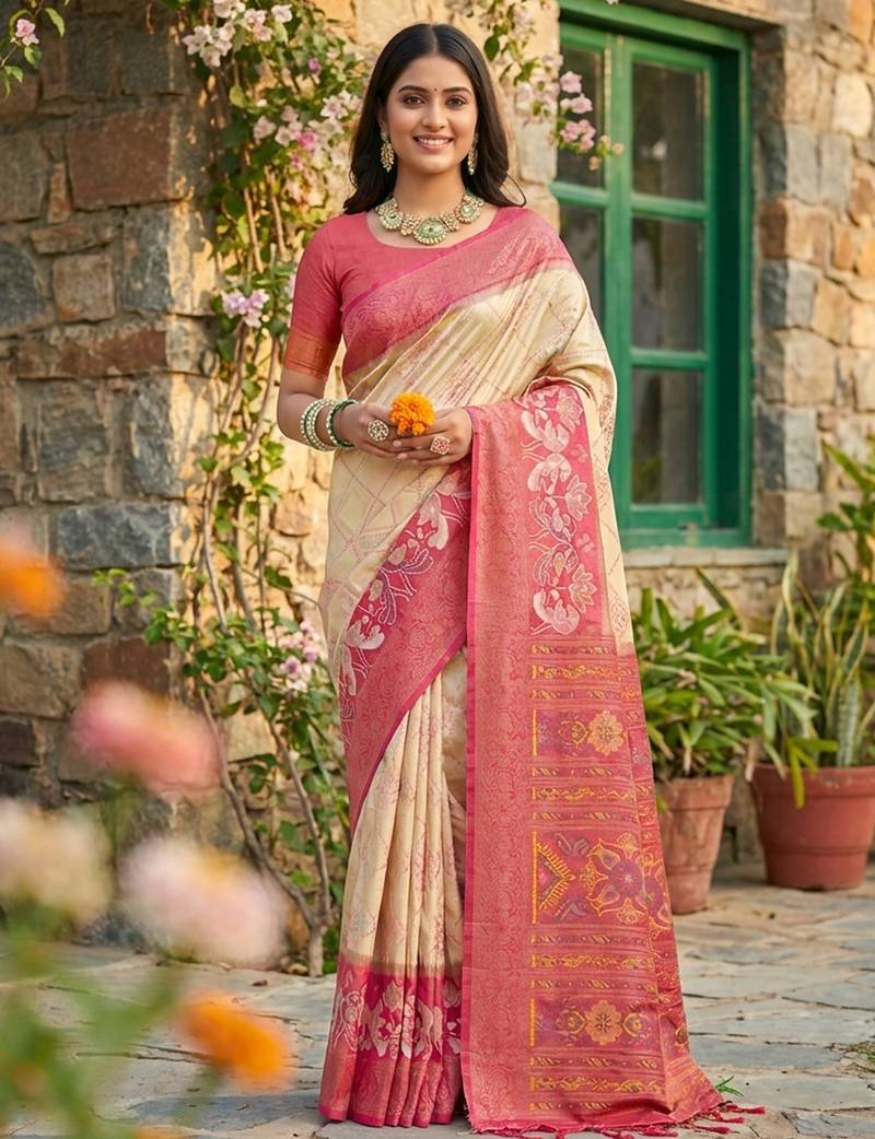 Sutriti cream pochampalli silk saree for women | wedding & festive wear saree