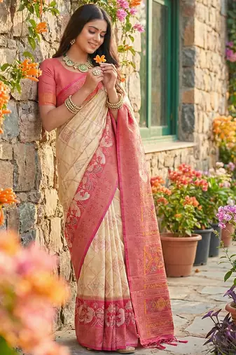 cream pochampalli silk blend saree for women 